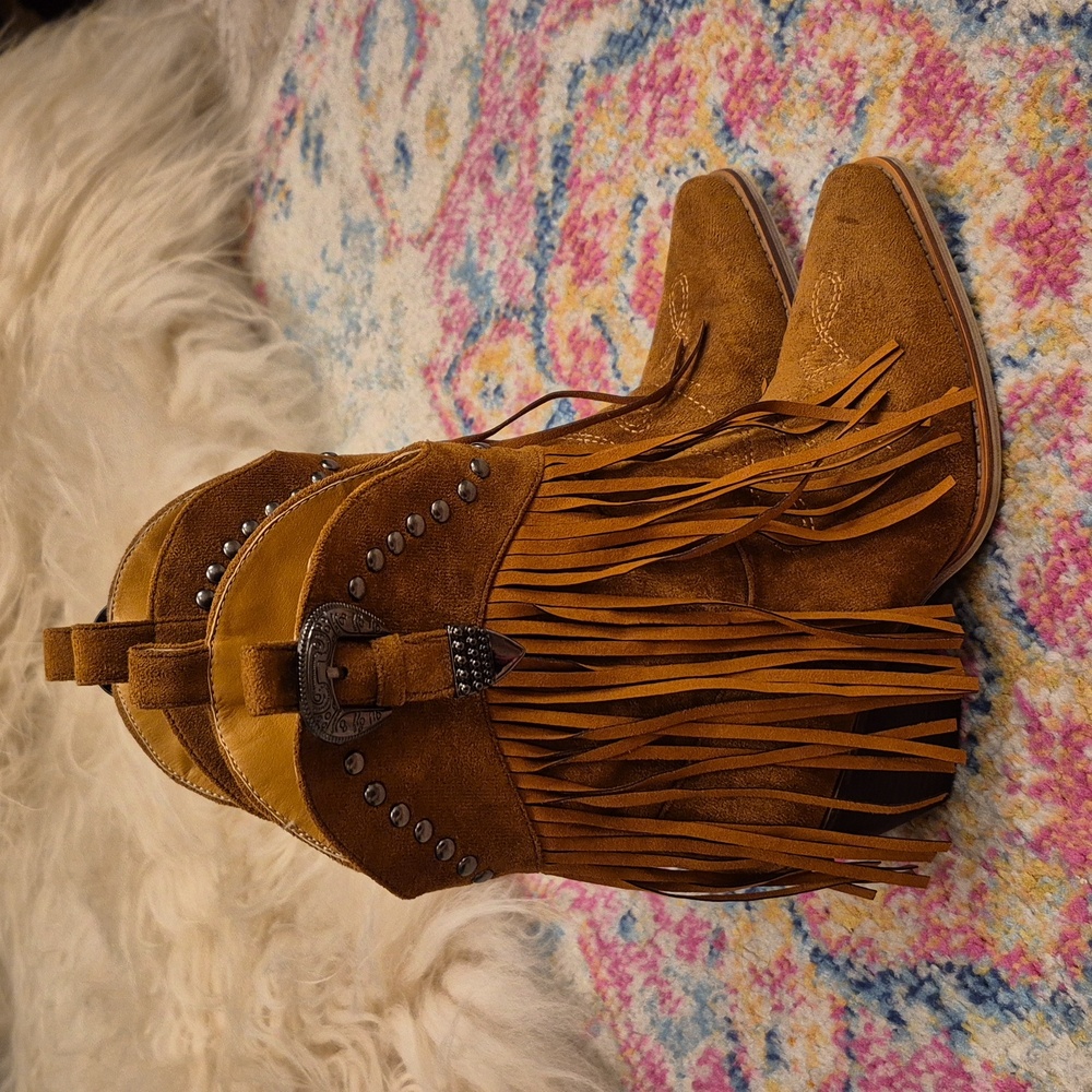 Fringed Brown Sueded Western Boots - Picture 2 of 6